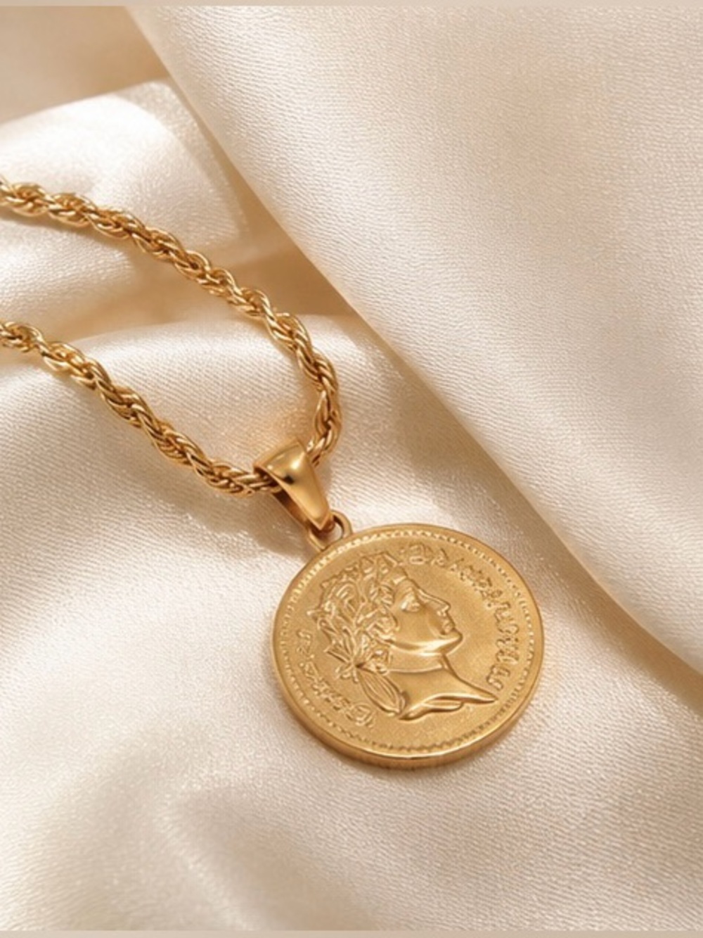 Golden Roman Coin Medallion Rope-Chain Necklace